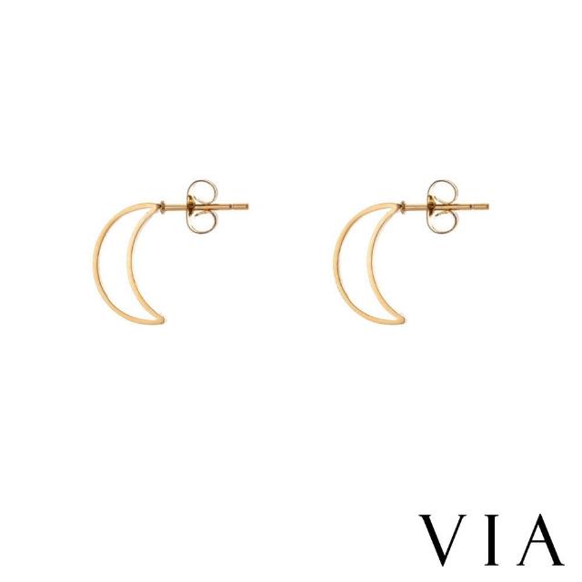 【VIA】白鋼耳釘 縷空耳釘/星空系列 縷空月亮線條造型白鋼耳釘(金色)