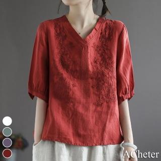 【ACheter】日式宮廷棉麻刺繡V領五分袖寬鬆中長版上衣#112153(白/紅/綠/紫)
