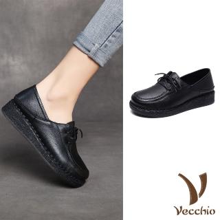 【Vecchio】真皮皮鞋 兩穿皮鞋/真皮頭層牛皮兩穿法設計繫帶復古軟底小皮鞋(黑)