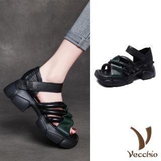 【Vecchio】真皮涼鞋 厚底涼鞋/真皮頭層牛皮縷空立體線條厚底涼鞋(黑)