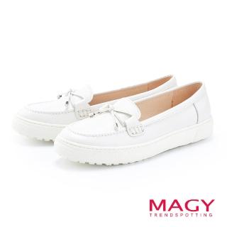 【MAGY】經典素面蝴蝶結真皮厚底休閒鞋(白色)
