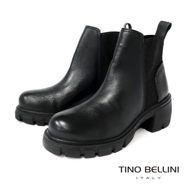 【TINO BELLINI 貝里尼】巴西進口牛皮鋸齒厚底粗跟短靴FWOT018(黑)