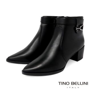 【TINO BELLINI 貝里尼】巴西進口牛皮尖頭皮帶釦飾側拉鍊粗跟短靴FWOT017(黑)