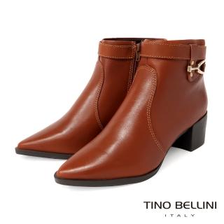 【TINO BELLINI 貝里尼】巴西進口牛皮尖頭皮帶釦飾側拉鍊粗跟短靴FWOT017(棕)
