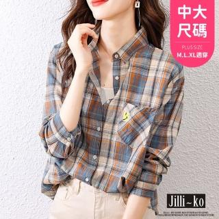 【JILLI-KO】方塊笑臉貼布繡配色格子寬鬆襯衫-F(藍)