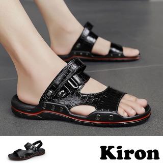 【Kiron】兩穿拖鞋 鱷魚拖鞋/兩穿法設計個性鱷魚皮紋拼接時尚涼拖鞋-男鞋(黑)