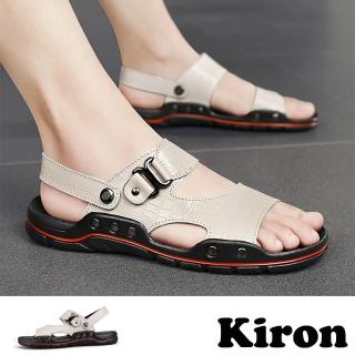 【Kiron】兩穿拖鞋 鱷魚拖鞋/兩穿法設計個性鱷魚皮紋拼接時尚涼拖鞋-男鞋(米)
