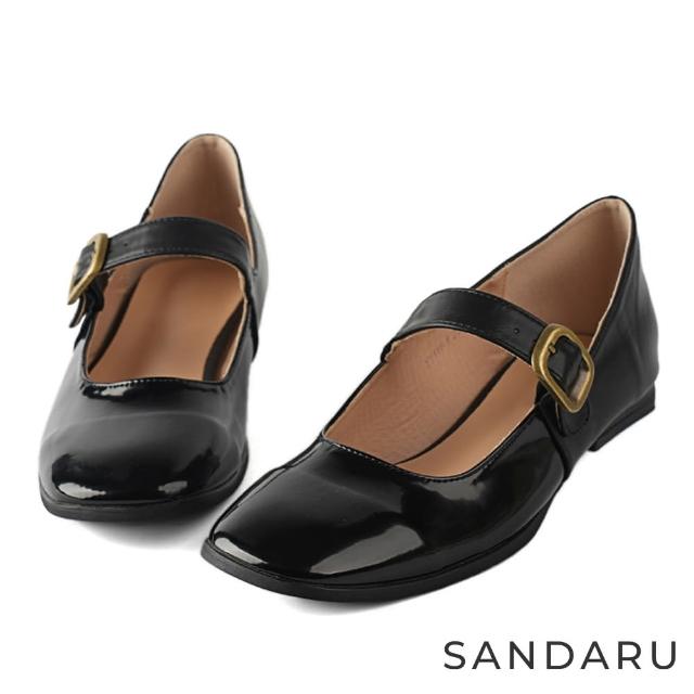 【SANDARU 山打努】瑪莉珍 方頭拼接銅飾平底鞋(黑)