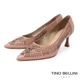 【TINO BELLINI 貝里尼】巴西進口蕾絲簍空花紋牛皮尖頭高跟鞋FWDV024(藕粉)