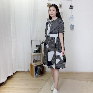 【Hana Mokuba】花木馬日系女裝幾何條紋襯衫式休閒洋裝(洋裝)