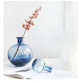 【JEN】北歐極簡手工藍色球型蓋透明玻璃花瓶花器桌面擺飾居家裝飾高21cm