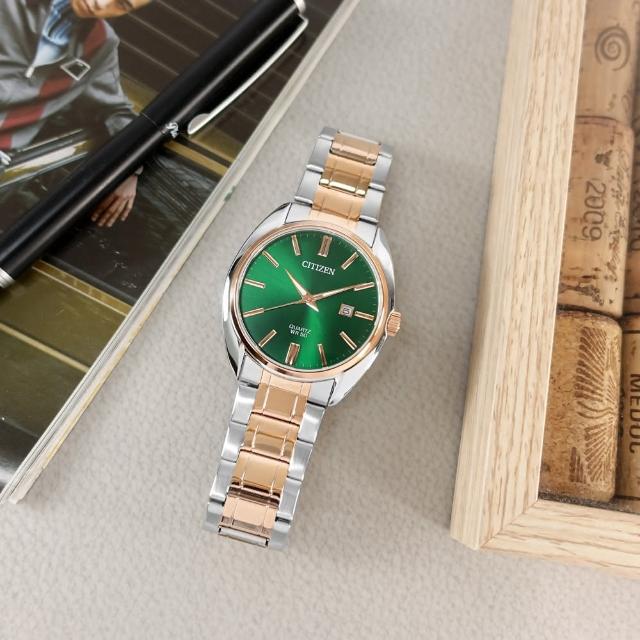 【CITIZEN 星辰】極簡時尚 礦石強化玻璃 日本機芯 日期 不鏽鋼手錶 綠x鍍玫瑰金 41mm(BI5104-57Z)