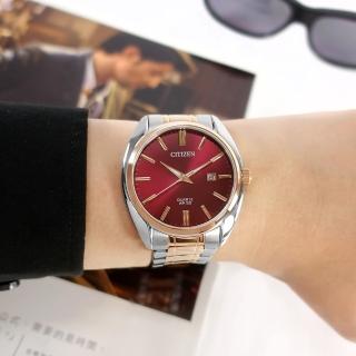 【CITIZEN 星辰】極簡時尚 礦石強化玻璃 日本機芯 日期 不鏽鋼手錶 紅x鍍玫瑰金 41mm(BI5104-57X)
