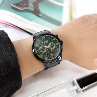 【CITIZEN 星辰】光動能 月相錶 羅馬刻度 藍寶石水晶玻璃 不鏽鋼手錶 綠x鍍黑 42mm(AP1055-87X)