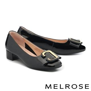 【MELROSE】美樂斯 質感優雅金屬飾釦牛漆皮方頭低跟鞋(黑)