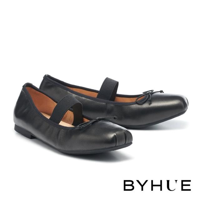 【BYHUE】優雅氣質蝴蝶結羊皮軟芯Q底方頭低跟鞋(黑)