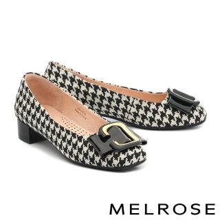 【MELROSE】美樂斯 質感優雅金屬飾釦千鳥格紋布方頭低跟鞋(黑白)