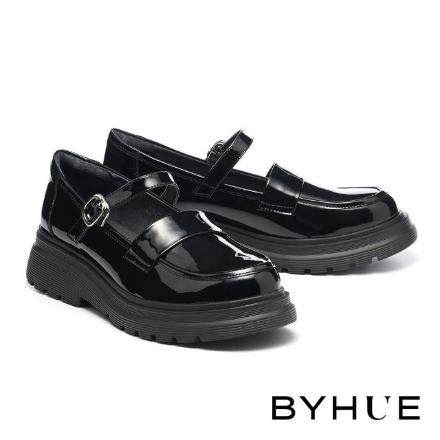 【BYHUE】個性時髦純色繫帶軟牛漆皮軟芯瑪莉珍厚底鞋(黑)