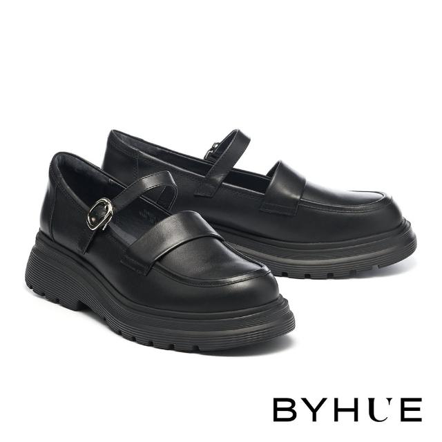 【BYHUE】個性時髦純色牛皮瑪莉珍繫帶軟芯厚底鞋(黑)