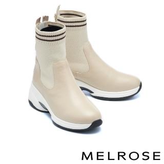 【MELROSE】美樂斯 俐落時髦舒適牛皮拼接彈力飛織高筒厚底休閒鞋(米)