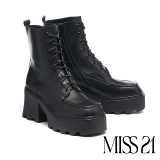 【MISS 21】霸氣少女純色綁帶大方頭高跟厚底短靴(黑)