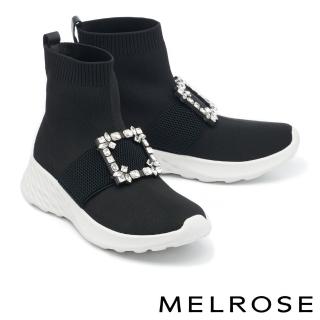 【MELROSE】美樂斯 舒適時尚水鑽方釦彈力飛織高筒厚底休閒鞋(黑)