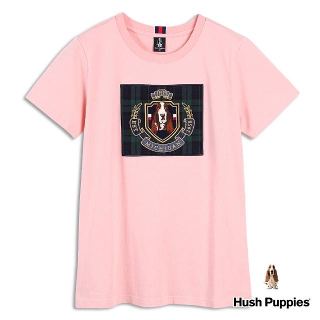 【Hush Puppies】女裝 T恤 女裝學院風刺繡狗短袖T恤(粉紅 / 34211101)
