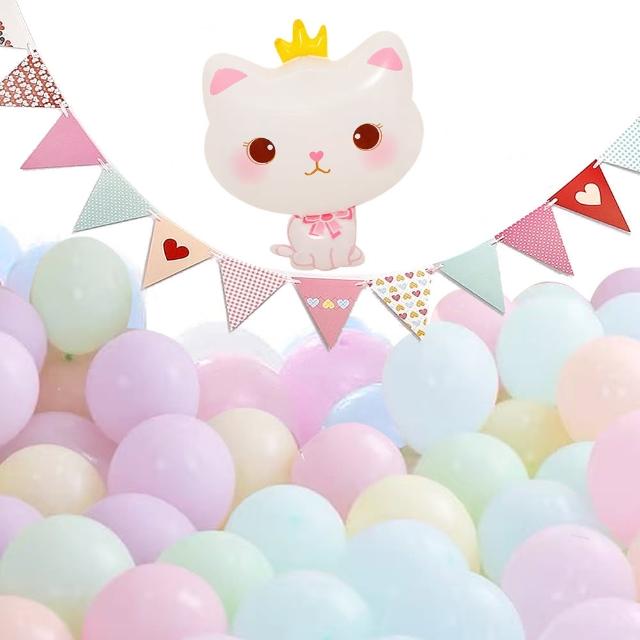 白色貓咪生日氣球組(造型鋁膜氣球X1 掛旗X1 乳膠氣球X50)
