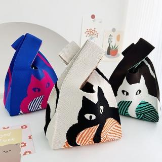【SUMMER一夏】日韓設計可愛毛線貓咪卡通針織手拎包包時尚外出百搭便攜包托特包(ins風手拎式背心托特包)