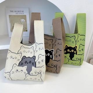 【SUMMER一夏】日韓設計可愛貓貓頭卡通針織手拎包包時尚外出百搭便攜包托特包(ins風手拎式背心托特包)