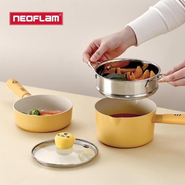 【NEOFLAM】小虎系列鑄造鍋具四件組(單柄湯鍋+蒸籠+小炒鍋+玻璃蓋16公分)