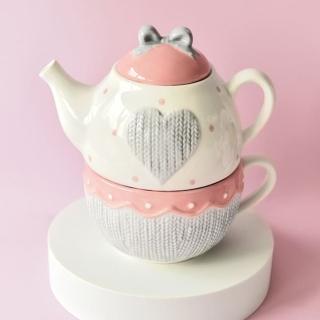 【JEN】美式創意手工陶瓷針織紋愛心子母茶壺杯盤組(6件一組)