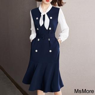 【MsMore】高端場合系帶假2件顯瘦連身裙長袖拼色中長版洋裝#118717(藍)