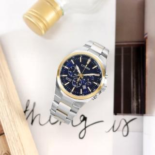 【CITIZEN 星辰】經典商務 三眼計時 日期 防水100米 不鏽鋼手錶 藍x鍍金 40mm(AN8176-52L)