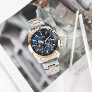 【CITIZEN 星辰】經典商務 三眼計時 日期 防水100米 不鏽鋼手錶 藍x鍍玫瑰金 43mm(AN8206-53L)