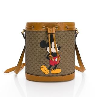 【GUCCI 古馳】Disney迪士尼米老鼠聯名棕色老花肩背水桶包(棕色/老花)