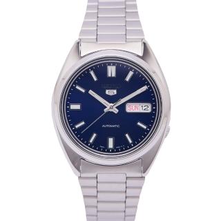 【SEIKO 精工】盾牌五號機芯機械輕薄款不鏽鋼錶帶手錶-藍面x銀色/37mm(SNXS77K1)