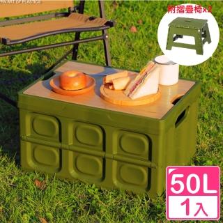 【真心良品】班布全功能摺疊收納箱50L-1入組附摺疊椅(露營收納桌 野餐置物籃 玩具整理箱)