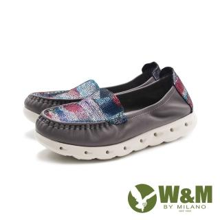 【W&M】女 軟皮可踩式彈力減壓休閒鞋 女鞋(彩灰色)