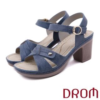 【DROM】粗跟涼鞋 交叉涼鞋/時尚簡約交叉金屬搭釦造型防水台粗跟涼鞋(藍)