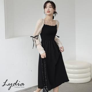 【Lydia】現貨 法式溫柔復古波點泡泡袖連身洋裝(黑 M.L.XL.2L)