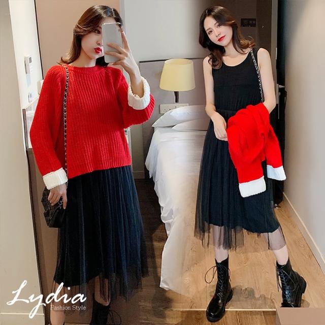【Lydia】現貨 氣質針織上衣+背心網紗裙兩件套裝(紅黑  F)