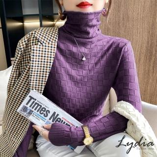 【Lydia】現貨 韓版時尚設計款格子高領針織上衣(米白/水灰/紫/豆沙/黑 F)