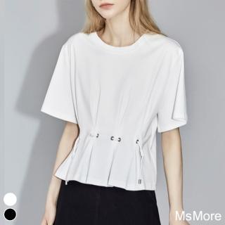 【MsMore】短袖圓領短款寬鬆顯瘦設計感上衣#118955(白/黑)