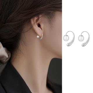 【Emi 艾迷】韓系輕奢俐落小豆珍珠勾勒 925銀針 耳環