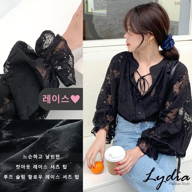 【Lydia】現貨 寬鬆顯瘦鏤空蕾絲襯衫上衣(黑 M.L.XL)
