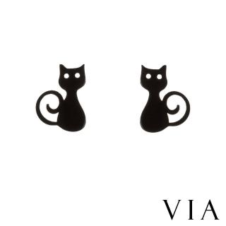【VIA】白鋼耳釘 貓咪耳釘/動物系列 個性小貓咪造型白鋼耳釘(黑色)