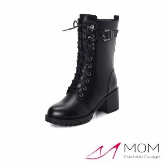 【MOM】真皮中筒靴 粗跟中筒靴/真皮時尚釦飾繫帶造型粗跟馬丁中筒靴(黑)