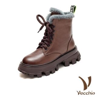 【Vecchio】真皮馬丁靴 厚底馬丁靴/真皮頭層牛皮毛絨滾邊保暖個性厚底馬丁靴(棕)
