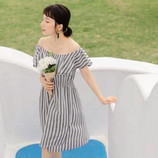 【OB 嚴選】浪漫平口配色直條紋收腰洋裝 《DA8563》